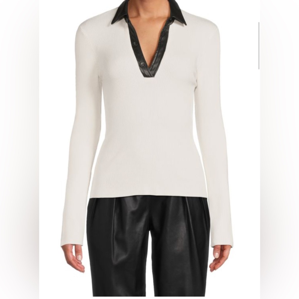 Laundry By Shelli Segal Ribbed White Top with Black Faux Leather Trim.